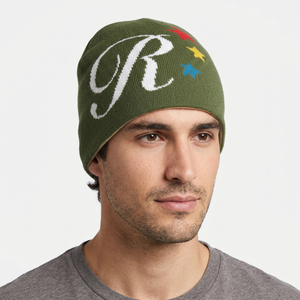 Bonnet en tricot vert avec lettre R blanche et broderie d'étoiles colorées pour homme, casquette d'hiver décontractée - Product Image 1