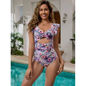 Traje de baño de una pieza para mujer, estampado floral, bordes con volantes, diseño recortado, cintura alta, ropa para vacaciones en la playa - Product Image 1