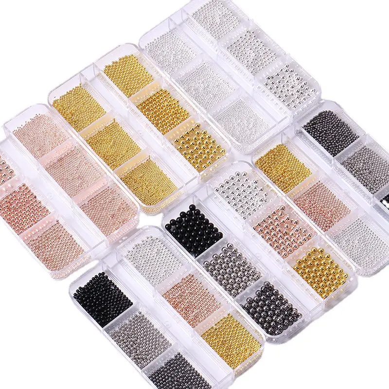 6 Grids/Box Professional Nail Art Stainless Steel Mini Gold and Silver Rose Gold Metal Mini Caviar Nail Beads 3D Decoration DIY
