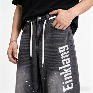 Vaqueros holgados vintage grises para hombre, estilo skater, hip hop, pantalones de mezclilla sueltos con estampado gráfico, lavado blanqueado, algodón pesado, ropa urbana. - Product Image 6