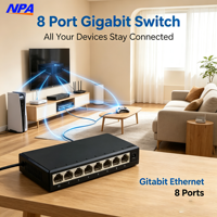 Switch de Red Doméstico de 8 Puertos 10/100/1000Mbps con Carcasa de Plástico, 8 Puertos RJ45, Hub Ethernet, Plug and Play, Apilable, AP-6008GS