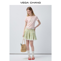 VEGA CHANG Lichtroze Crew Neck T-shirt met Parelborduursel, Katoen, voor Dames, Borst Handgestikte Fruitprint, Smalle Mouwboorden