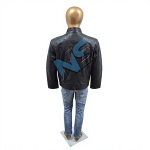 <b>Men's</b> <b>Leather</b> Bomber <b>Jacket</b> Turn-down Collar Zipper Closure Windproof Slim Regular Fit Striped Front Logo Printing Autumn Wear - Product Image 2