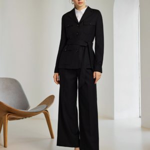 Elegante Completo da Donna <span class=keywords><strong>in</strong></span> Lana Nera <span class=keywords><strong>con</strong></span> <span class=keywords><strong>Cintura</strong></span>, Blazer Casual da Abbinare <span class=keywords><strong>con</strong></span> Pantaloni a Gamba Larga - Product Image 2