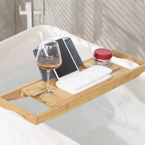 Étagère de bain en bambou avec plateau latéral, panneau de rangement rectangulaire autoportant pour bain, design minimaliste, étagère de salle de bain durable - Product Image 1