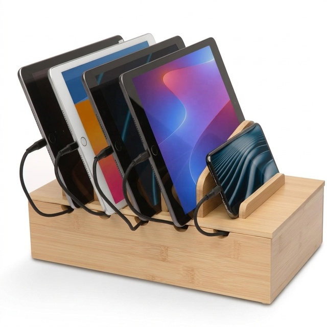 Wholesale Wooden Modern Charging Station Organizer 5-Port Base Phones Tablets Laptops Multi-Device Removable