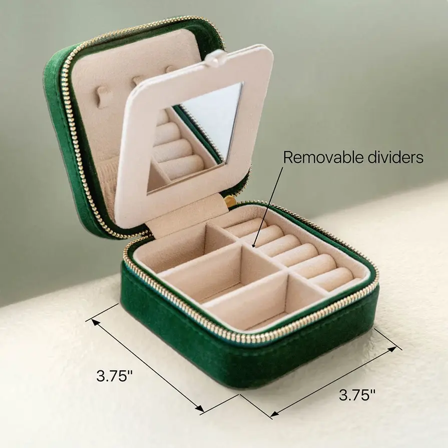 Joyero de viaje de terciopelo portátil personalizado, caja organizadora de anillo, pendientes, joyería, espejo, caja de almacenamiento de joyería