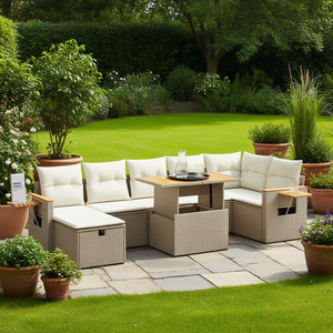 Beige Pe <b>Rattan</b> Garden <b>Sofa</b> Set 6 Seater Outdoor Furniture Contemporary Design Adjustable Armrests Garden Set - Product Image 2