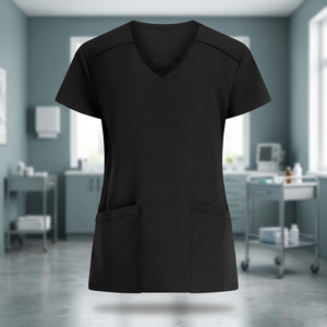 Haut de blouse médicale noir à col en V pour femme avec poches, en polyester tricoté, uniforme d'hôpital, personnalisable avec logo, prix raisonnable - Product Image 2