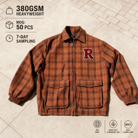 Veste zippée à carreaux marron RAMAX pour homme, avec broderie en chenille, style Harajuku streetwear, coupe ample vintage, vente en gros personnalisée