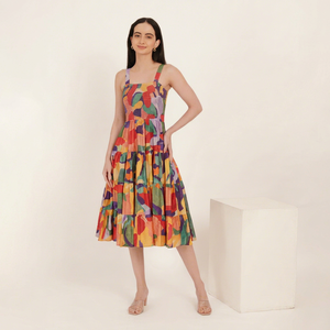 Colorful Geometric Print Chiffon Midi <b>Dress</b> <b>Spaghetti</b> <b>Strap</b> Tiered A-Line Casual Summer <b>Dress</b> Women Breathable Woven Fabric - Product Image 1