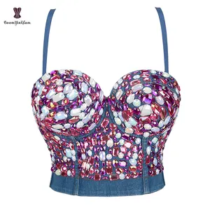 Outfit Shirt Colorful Rhinestones Push Up Bra Strap Corset Top Bustier Women Jeans Bralette For Summer