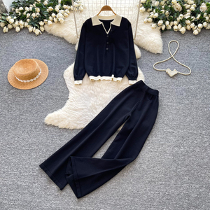 Conjunto de 2 Piezas de Punto para Mujer, Top de Manga Larga con Cuello Polo y Pantalones Anchos, Ropa Casual para Primavera y Otoño - Product Image 2