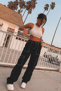 Jeans Cargo de Cintura Alta para Mujer, Pantalones Vaqueros de Pierna Ancha con Costuras en Contraste, Pantalones Casuales de Estilo Urbano con Múltiples Bolsillos - Product Image 3