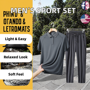 Fashion Comfortable Casual Knitted Polyester Mens Summer Leisure Short Sleeve <b>Tshirt</b> + Pants Two Piece Set - Product Image 2