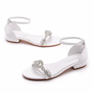Flat Sandals For Women Comfortable Silk Satin Open-toe Shoes Hollow Out Ankle Strap Flat Sandals Ladies Wedding Bridal Sandalias