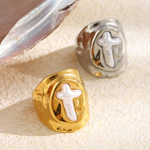 2026 Viral Hammered Irregular Frame Pearl Embedded Cross Stainless Steel Two Tone Unisex <b>Thick</b> Band Signet Finger <b>Ring</b> - Product Image 3