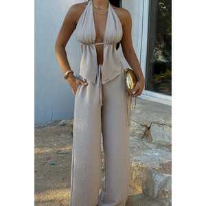 Ensemble pantalon beige Lorenza pour femme, coton viscose de haute qualité, imprimé à carreaux uni, hauts longs, style streetwear quotidien, XS-XL pour l'été - Product Image 5