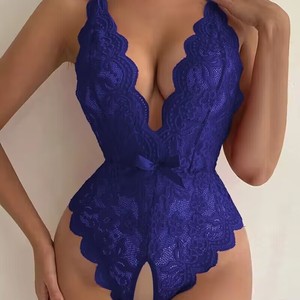 Body de encaje sexy para mujer, cuello en V profundo, espalda descubierta, elástico, azul, talla M105 - Product Image 1