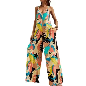 Özel şanslı etiket moda yaz egzersiz Backless tropikal baskı geniş bacak tek parça spandex zarif kadın Cami tulum 2022