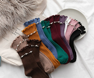 KTA-052 <span class=keywords><strong>Chaussettes</strong></span> ras du cou tendance pour femmes, motif volanté élégant avec perles, technique de tricotage en coton, idéales pour le printemps - Product Image 3
