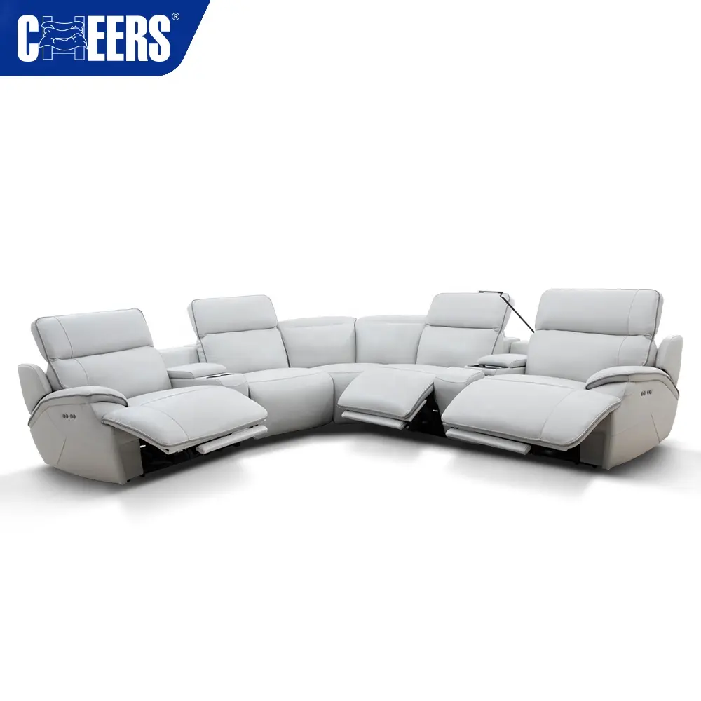 MANWAH CHEERS 5-Seater Modern White Leather Luxury Sofa Set Living Room Power Reclining Sofa With Wireless Charging