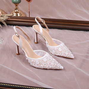 Sandales à talons blancs pour femmes, talons luxueux en strass, sandales à lanières, chaussures pour femmes - Product Image 2