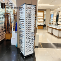 Promotion : Présentoir à lunettes sur pied blanc 192 places avec roulettes pivotantes pour exposition de montures