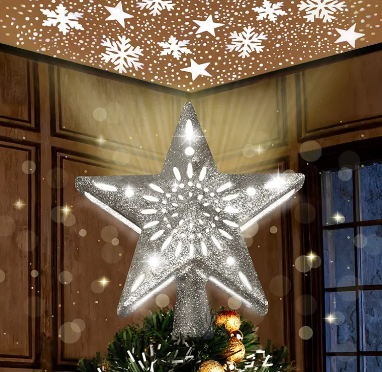 Topper per albero di natale illuminato con fiocchi di stelle rotanti proiettore a LED Toppers albero stella d'argento natale