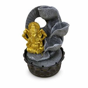 Fuente de Agua con Estatua de Ganesha, Decoración de Interior para Mesa, Diseño de Cascada de Loto, Acabado en Piedra Pizarra Dorada Metálica Antigua - Product Image 1