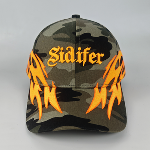 Cappellino da Baseball con Logo Personalizzato, Ricamo 3D, Design con Lettere Mimetiche, Fiamma Arancione Ricamata, Streetwear Unisex, Cappello Snapback 100% - Product Image 2