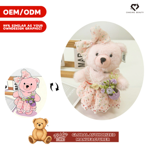 Abito per Bambole Personalizzabile <span class=keywords><strong>in</strong></span> Diverse Taglie, Vestito Floreale <span class=keywords><strong>Rosa</strong></span> con Orsetto e Pizzo a Pois Rosso - Product Image 2