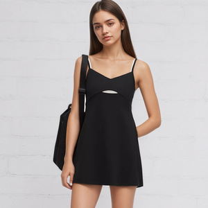 Robe de tennis pour femme, motif uni, sans manches, avec coussinets de poitrine, jupe une pièce anti-transparence, short de sécurité intégré, séchage rapide, en nylon - Product Image 5