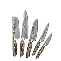 Couteau de Chef Ambidextre Fait Main en Acier Damas 67 Couches avec Manches en Bois de Guibourtia Rouge, Lame Droite, 6 Lames Durables et Tranchantes