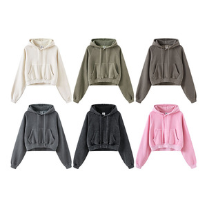 Felpa con Cappuccio <span class=keywords><strong>Oversize</strong></span> da <span class=keywords><strong>Donna</strong></span>, Stile Vintage, Maniche Raglan, Effetto Lavato, 400gsm, Foderata in <span class=keywords><strong>Pile</strong></span>, Crop Top con Spalle Scoperte - Product Image 2