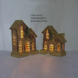 Christmas Art Deco Mini House Xmas Scene Wood Fiber Optic Small Christmas Village House For Holiday Decoration