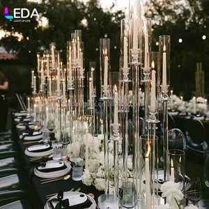 Candélabre en verre transparent LEDA de haute qualité pour événements et fêtes, 9 bras, forme droite, avec bougeoirs en cristal combinés pour mariage - Product Image 3