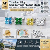 Produsen Grosir Anting Titanium F136/G23 Berbentuk Empat Daun Semanggi dengan Zirkon Berwarna, Anting Titanium Murni Berhiaskan Bunga
