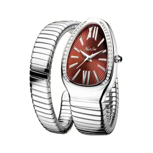 New Fashion Bangle Watch Women Luxury Silver Snake Winding Stainless Steel Red Dial Waterproof Quartz Ladies Diamond Watches