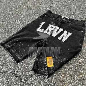 Custom Streetwear Distressed Embroidery <b>Patch</b> Rhinestone Denim <b>Shorts</b> Heavyweight High Quality Rhinestone Jean <b>Shorts</b> <b>Men</b> - Product Image 5