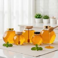 Pot à miel de luxe en verre hexagonal de 500 ml avec couvercle en bois, pot à miel en verre unique avec cuillère en bois