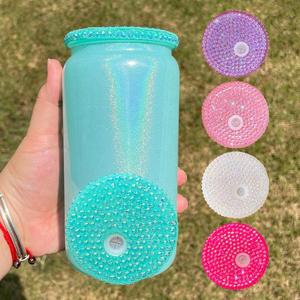 Tapa de plástico acrílico PP con diamantes de imitación de colores para latas de vidrio de 16 oz, desde almacén de EE. UU. - Product Image 1
