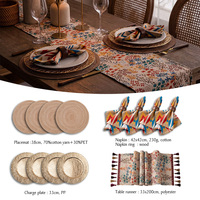 Ensemble de chemins de table élégants, luxueux, rustiques, bohèmes, floraux, avec pompons, serviettes en tissu vintage professionnelles, anneaux de serviette, décoration de table