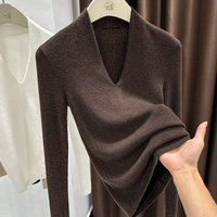 Pull en maille à col en V pour femme, manches longues, coupe ajustée, doux et extensible, chemise décontractée minimaliste pour l'automne et l'hiver