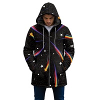 Veste longue à capuche pour homme avec motif personnalisé, imprimé galaxie arc-en-ciel météore étoiles blanches sur toute la surface, fermeture éclair, veste décontractée pour homme