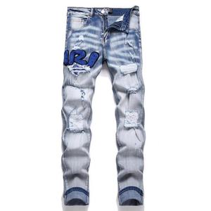 Men's High Street Jeans Trendy Brand Embroidery, Piercing, Patching, Elastic Straight Tube, Slim Fit Long <b>Pants</b> - Product Image 5