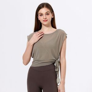 Haut de yoga respirant en maille 2-en-1 pour femme avec soutien-gorge intégré, manches courtes à nouer sur le côté, séchage rapide, idéal pour le Pilates et la gym - Product Image 1