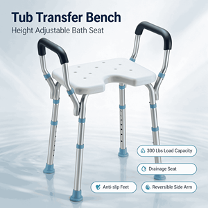 Banco de Ducha con Asiento con Drenaje <span class=keywords><strong>en</strong></span> U y Reposabrazos Acolchados, Silla de Baño de Aluminio Ajustable <span class=keywords><strong>en</strong></span> Altura y Resistente a la Oxidación para el Cuidado de Personas <span class=keywords><strong>Mayores</strong></span> <span class=keywords><strong>en</strong></span> el Hogar - Product Image 1