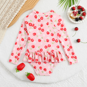 Ensemble <span class=keywords><strong>de</strong></span> maillots <span class=keywords><strong>de</strong></span> <span class=keywords><strong>bain</strong></span> une pièce en nylon pour enfants avec imprimé floral et dessin animé, fermeture éclair, manches longues, bordure en dentelle - Design mignon - Product Image 1