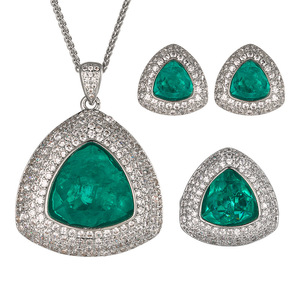 High Quality Eco-friendly Copper Triangle Cut 17*17mm & 12*12mm Green Zircon Necklace <b>Earrings</b> Ring Set Geometric Jewelry Set - Product Image 1